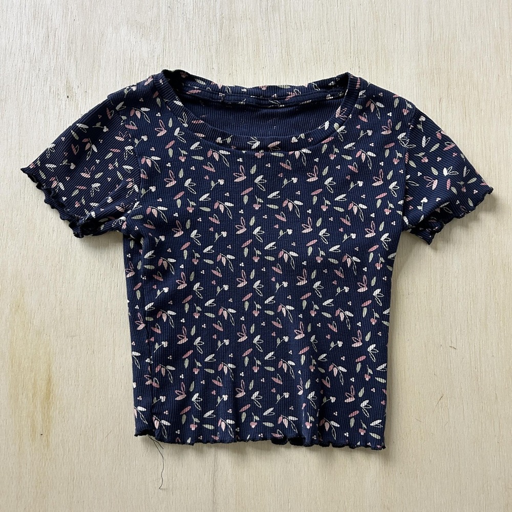 Floral Shirt Girls 3T Blue Ribbed Knit Scoop Neck Short Sleeve Ruffle Tee